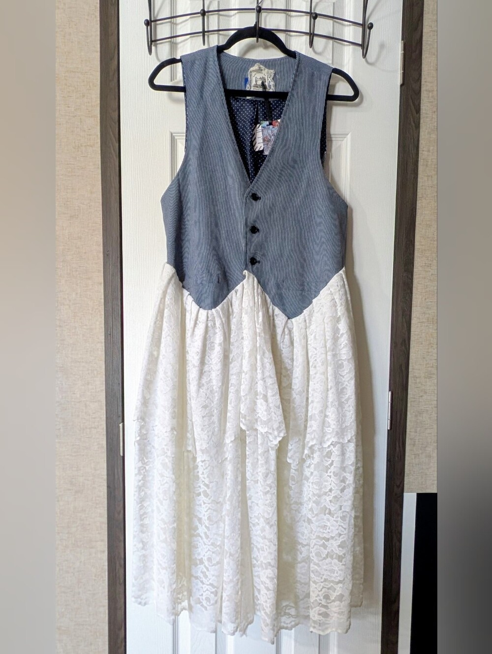 OOAK Handmade Upcycled Denim Vest Lace Maxi Dress Cottagecore Boho L Large